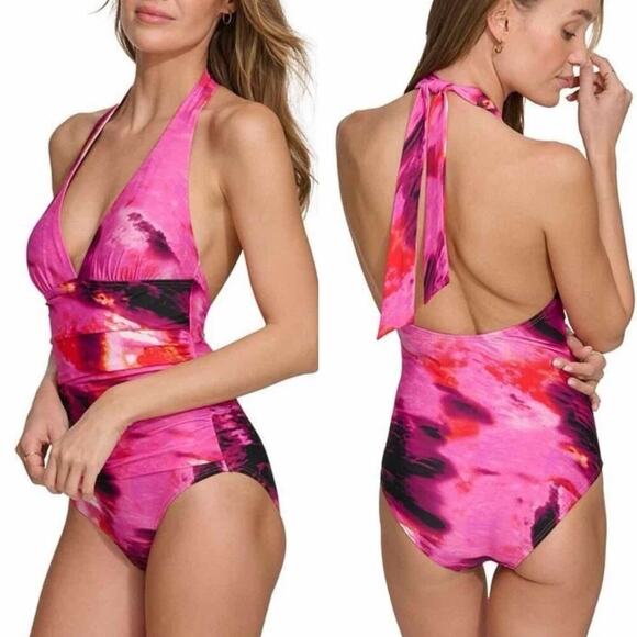 DKNY Tie-Back Halter-Style One-Piece Swimsuit Size Large - Picture 9 of 10